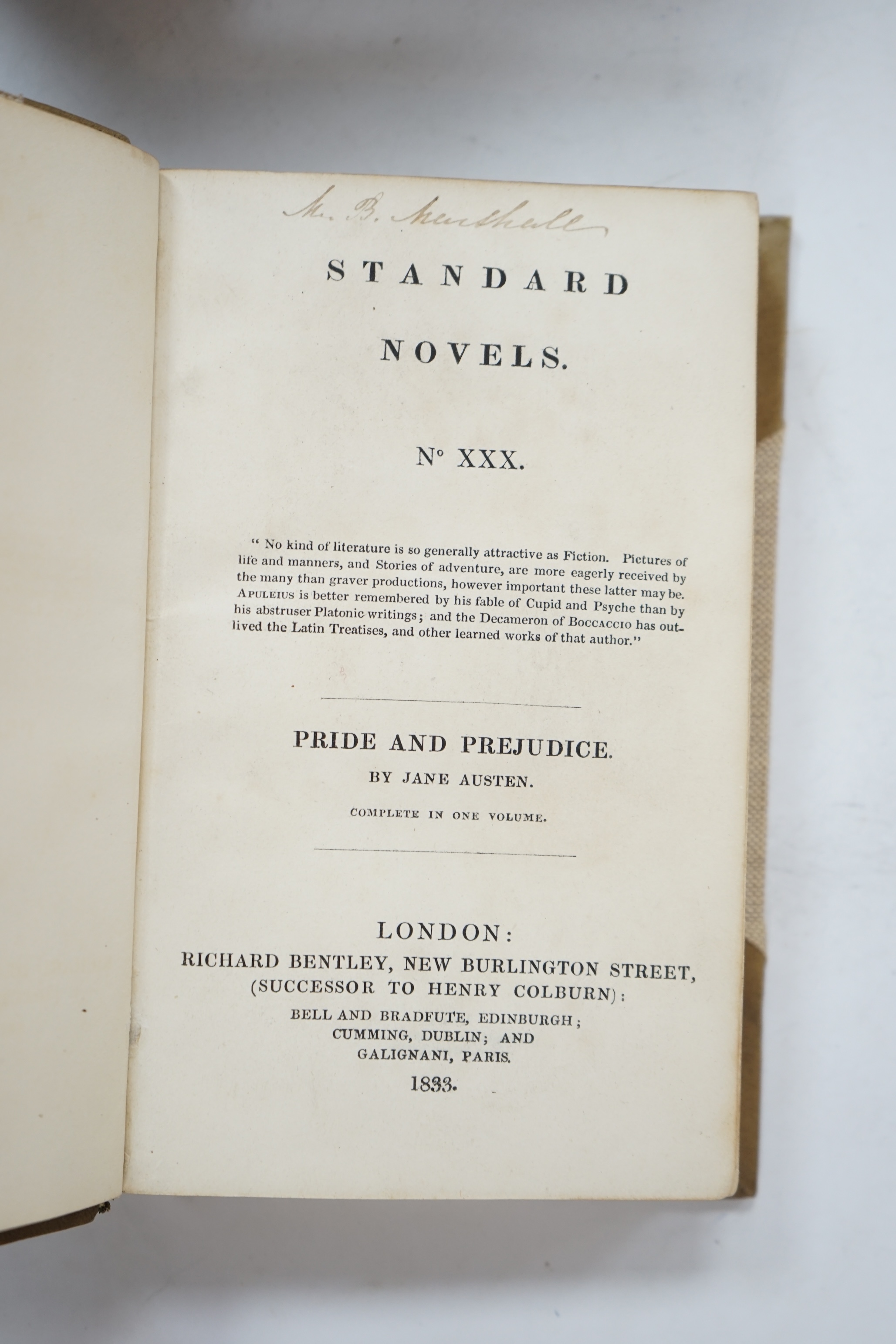 Austen, Jen - Bentley's Standard Novels, 5 vols. 1st Editions (their first English re-issue since 1818), comprising - Sense and Sensibility, Emma, Mansfield Park, Northanger Abbey / Persuasion, Pride & Prejudice. each wi